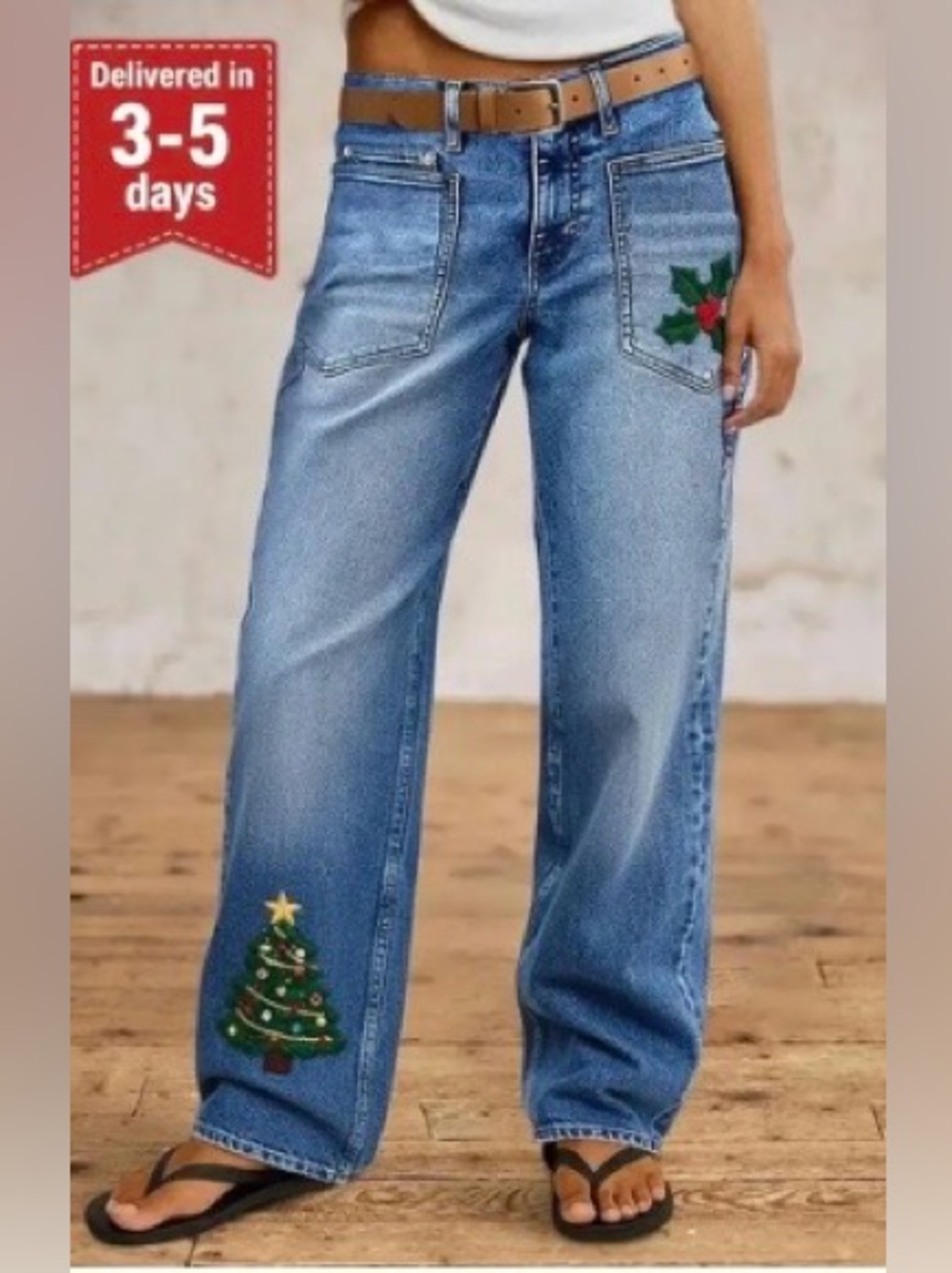 Flamingals Christmas Embroidered Mid Rise Straight Leg Jeans